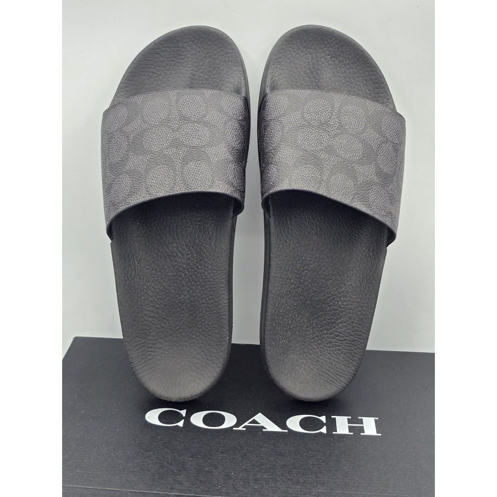 Coach SIG CTD CNVS POOL SL Black Signature Men's Canvas Slide Sandals Logo Sz 7 - Picture 11 of 12